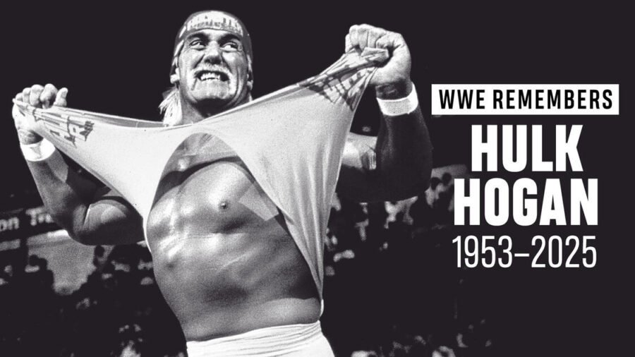 A black and white photo of professional wrestler Hulk Hogan tearing off his shirt, with "WWE REMEMBERS HULK HOGAN 1953-2025" text overlaid.