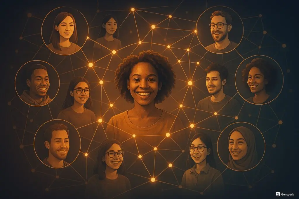 Network visualization showing authentic connections between diverse people with warm lighting representing genuine digital community building and influence