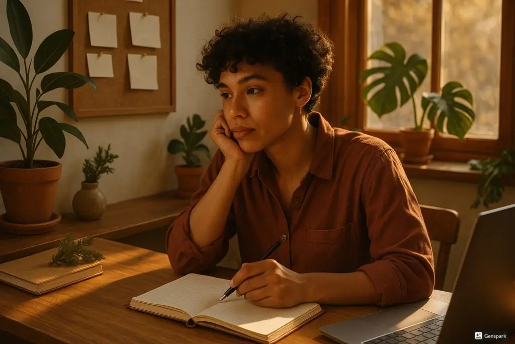 Person sitting at desk during golden hour writing in journal while looking thoughtful, surrounded by creative workspace with natural elements
