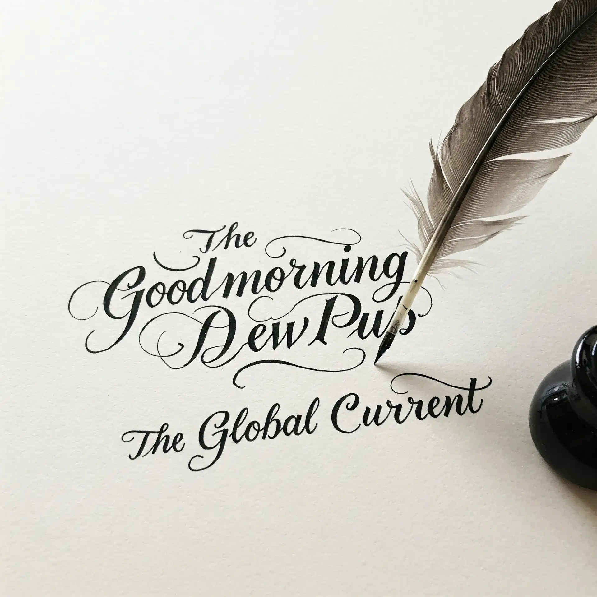 Calligraphy on paper reads "The Goodmorning Dew Pup" and "The Global Current" next to a feather quill and inkwell