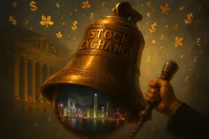 Allegorical digital painting featuring a large ornate bronze stock exchange bell with Hong Kong's Victoria Harbour skyline reflected in its surface, hand holding rope to ring bell, golden confetti of bauhinia flowers and dollar signs floating around, with misty NYSE building in background