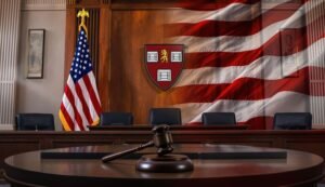 A judge's bench with a gavel in a courtroom, with the American flag and the Harvard University shield visible in the background.