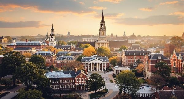 Aerial view of Harvard University campus at sunset, showing many historic academic buildings, autumn trees, and a tall steeple