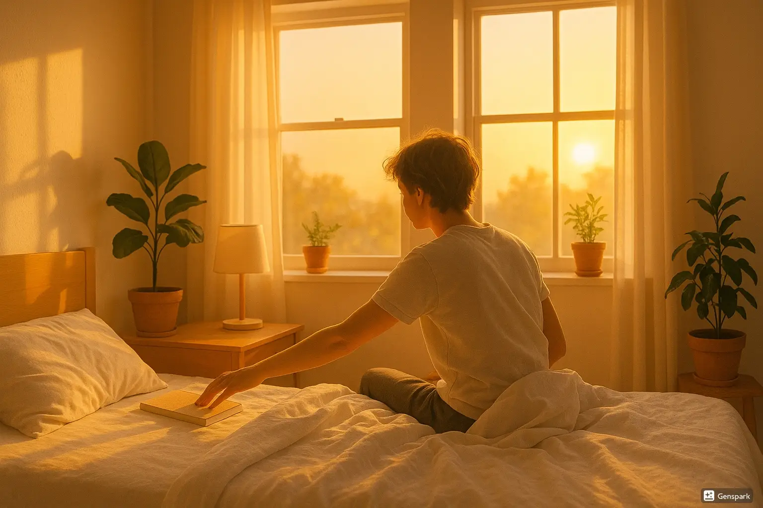 Person waking up in bright minimalist bedroom reaching for notebook on nightstand with golden morning sunlight streaming through windows and plants visible