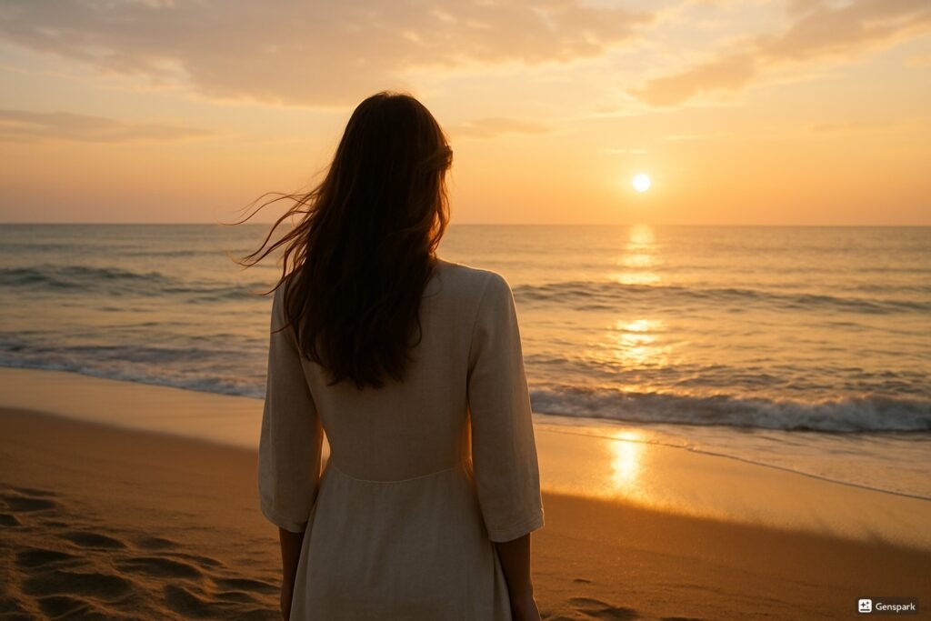 A woman with long, dark hair stands on a sandy beach, looking out at a calm ocean under a vibrant orange and yellow sunset.
