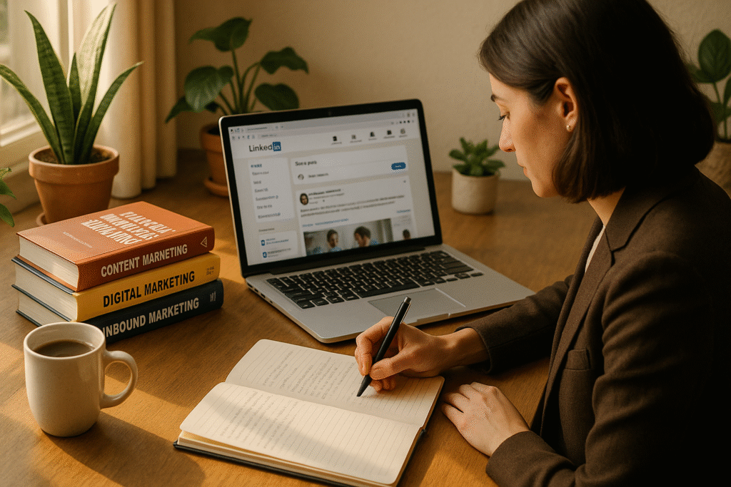 A professional woman in a dark suit is looking intently at a laptop displaying the LinkedIn interface. Overlayed on the image are various LinkedIn engagement icons and data, including a thumbs-up, speech bubble, share icon, and numbers 231 and 14, against a backdrop of glowing blue lines and a rising graph.