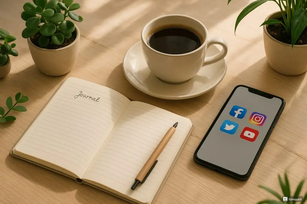 Peaceful morning setup showing journal, coffee cup, smartphone with social media apps, and plants in natural lighting representing mindful content creation habits