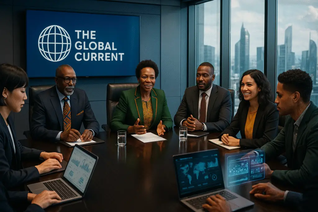 Business meeting at The Global Current conference room with six professionals in suits seated around wooden table with laptops showing data charts, company logo on blue screen, and city skyline visible through floor-to-ceiling windows Each of these serves a different purpose - the caption is concise and punchy for social media or headlines, the description provides rich context for content marketing, and the alt text focuses on accessibility while maintaining SEO value. The image perfectly captures that corporate power-meeting vibe that screams "we're making big moves" - very on-brand for executive content!
