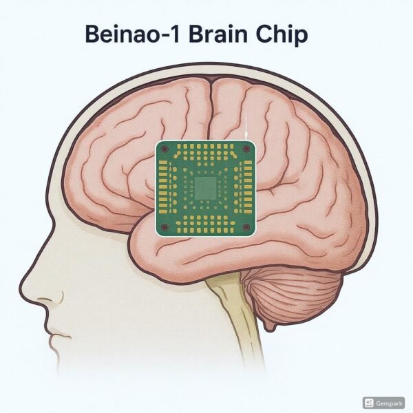 A medical illustration showing a cross-section of a human brain. A green, square computer chip is depicted as being implanted directly onto the surface of the brain. Text at the top of the image reads, "Beinao-1 Brain Chip