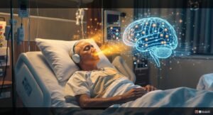 A patient lies in a hospital bed wearing headphones as a stream of glowing orange energy flows from them to a large, holographic blue brain floating beside the bed. The digital brain displays a complex network of nodes and connections, visualizing a brain-computer interface in a medical setting.