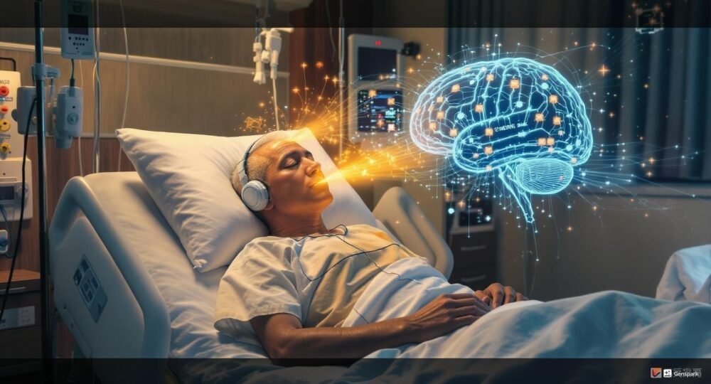 A patient lies in a hospital bed wearing headphones as a stream of glowing orange energy flows from them to a large, holographic blue brain floating beside the bed. The digital brain displays a complex network of nodes and connections, visualizing a brain-computer interface in a medical setting.