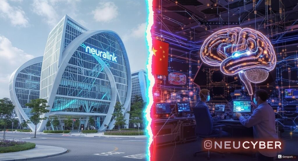 A medical illustration showing a cross-section of a human brain. A green, square computer chip is depicted as being implanted directly onto the surface of the brain. Text at the top of the image reads, "Beinao-1 Brain Chip