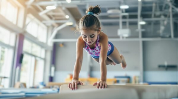 A young girl in a leotard practices gymnastics on a balance beam, focusing intently with her body balanced over her hands.