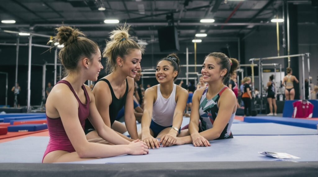 Four young female gymnasts in leotards sit together on a mat in a gym, smiling and chatting.