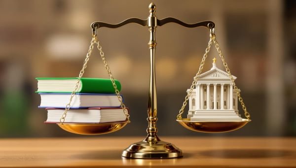  Golden scales balancing a stack of three books on the left and a white classical building model on the right