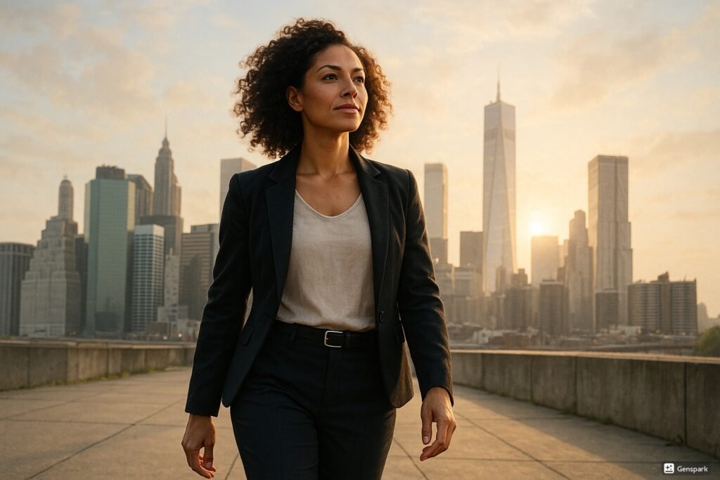  A confident woman with curly hair walks on a paved path with a modern city skyline and sunset in the background.