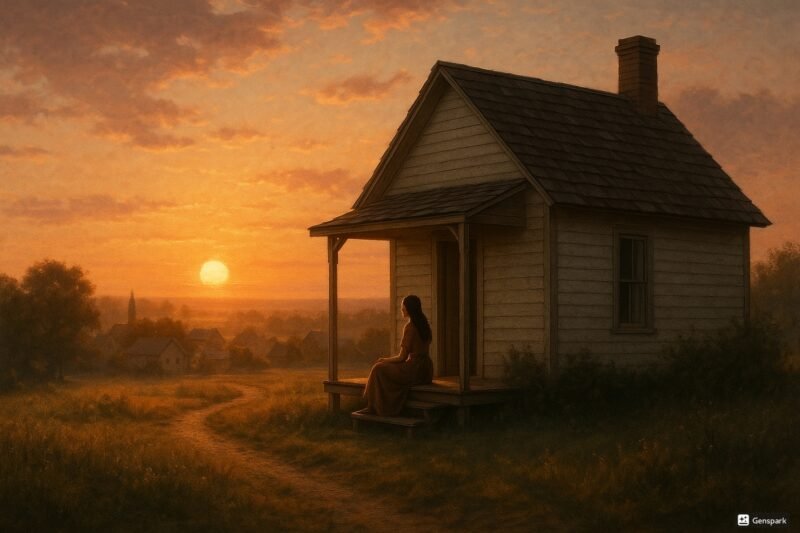 A woman sits on the porch of a rustic wooden house, gazing at a distant village bathed in the warm light of a sunset.