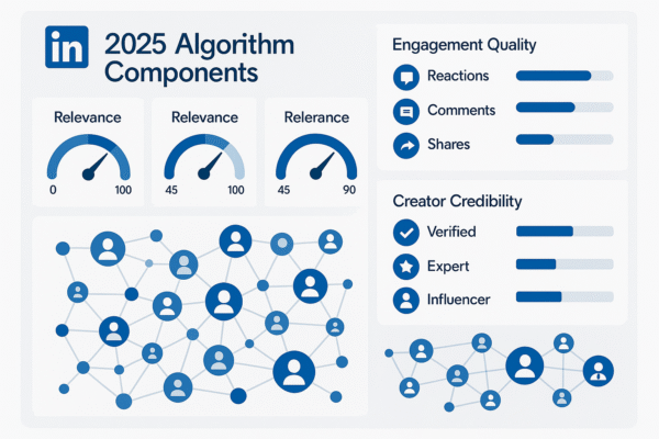 A graphic titled "2025 Algorithm Components" for LinkedIn. It shows three "Relevance" gauges, the first indicating 0-100, the second 45-100, and the third 45-90. Below, a network of interconnected user icons represents audience engagement. On the right, "Engagement Quality" metrics include Reactions, Comments, and Shares with varying bar lengths. Below that, "Creator Credibility" metrics show "Verified," "Expert," and "Influencer" with associated bar graphs and another network of user icons.