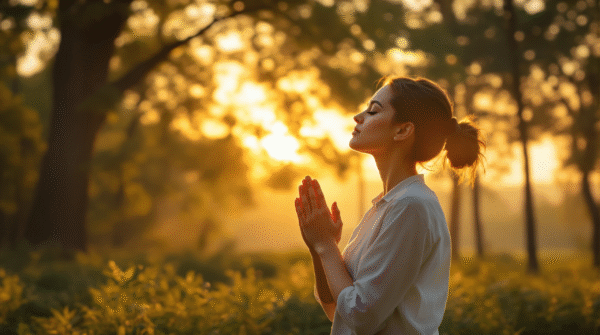 Person in prayer demonstrating brain resilience in peaceful natural setting at sunrise