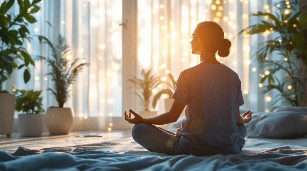 Person in peaceful meditation representing mindfulness, prayer and brain resilience for mental health