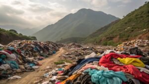 Mountains of discarded clothing and textile waste from fast fashion showing environmental pollution