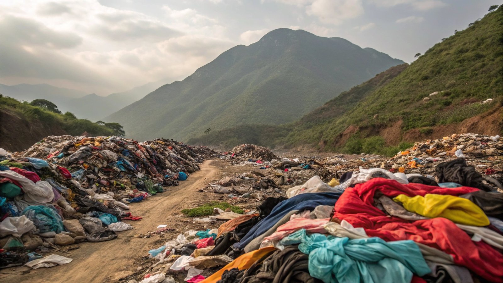 Mountains of discarded clothing and textile waste from fast fashion showing environmental pollution
