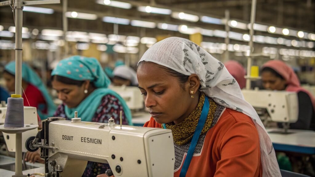 Women working at sewing machines in a textile factory highlighting fast fashion labor exploitation