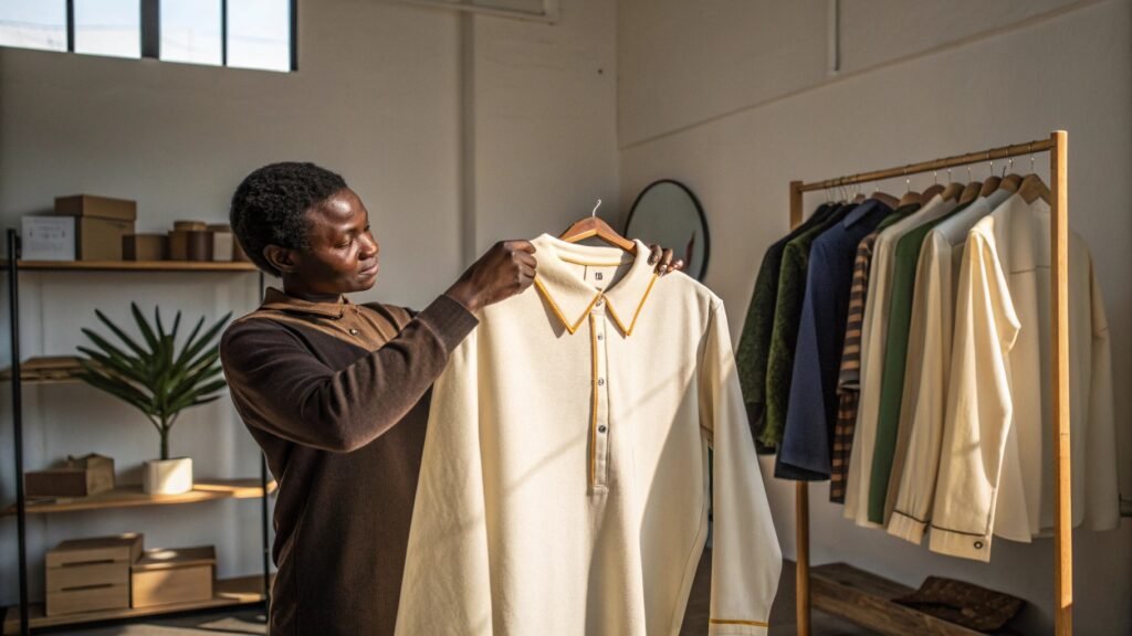 Person holding quality sustainable fashion garment representing ethical alternatives to fast fashion