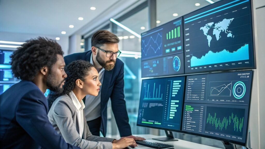 Diverse team analyzing cyber attack data on screens showing security metrics for recovery planning