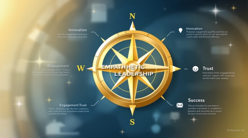 Professional business compass illustration showing empathetic leadership guiding organizations toward innovation, engagement, trust, and success