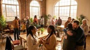 Diverse group radiating positive energy transformation in a bright community space, illustrating how personal energy influences collective well-being