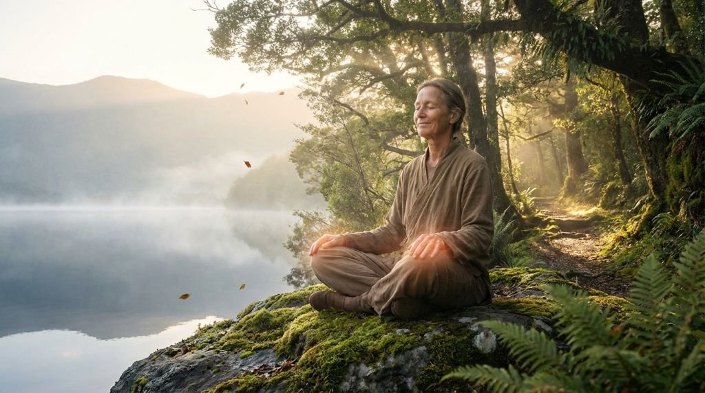 Peaceful meditation illustrating energy transformation through spiritual resilience and inner strength in a serene natural setting