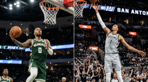 NBA player movement illustration showing Damian Lillard in Milwaukee Bucks jersey and Victor Wembanyama blocking shot for San Antonio Spurs