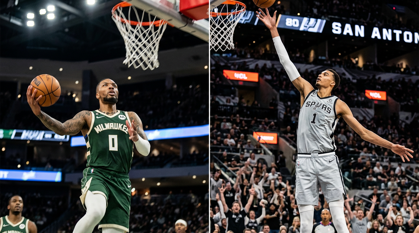 NBA player movement illustration showing Damian Lillard in Milwaukee Bucks jersey and Victor Wembanyama blocking shot for San Antonio Spurs