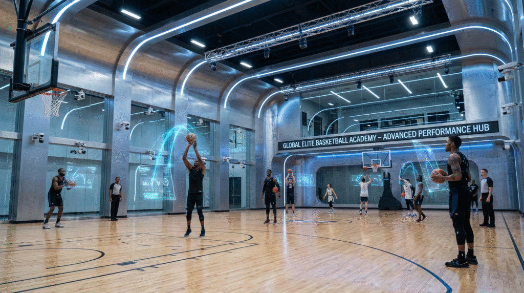 Futuristic NBA training facility with international players and technology representing future of basketball player movement