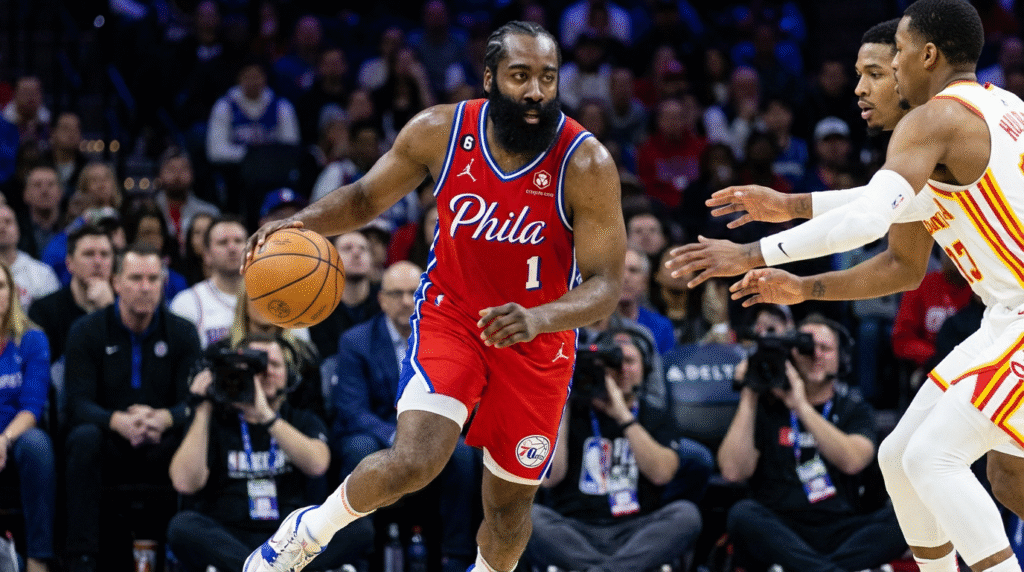 James Harden demonstrating elite NBA player movement driving to basket for Los Angeles Clippers at age 36