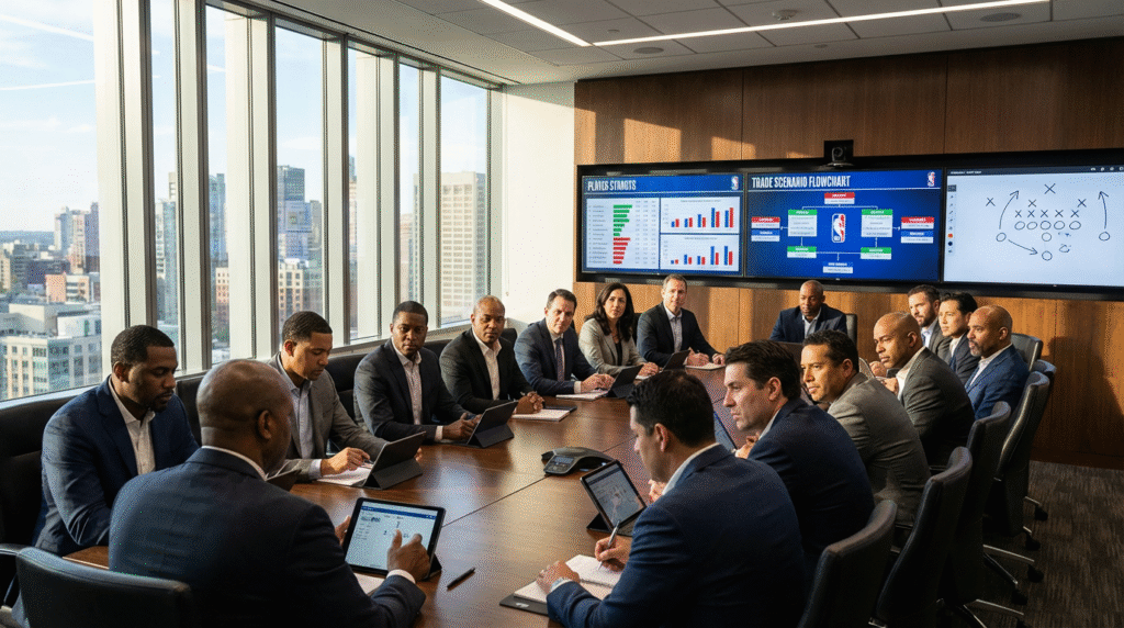 NBA executives and coaches strategizing about player movement and franchise control in modern basketball operations