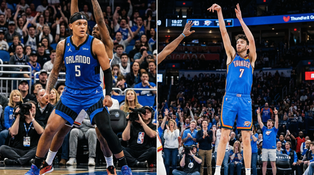 Paolo Banchero and Chet Holmgren action collage showing emerging young stars in NBA player movement era