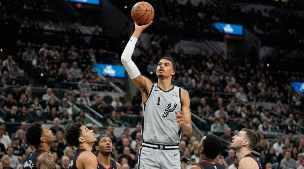 Victor Wembanyama executing signature skyhook shot showcasing international talent impact on NBA player movement