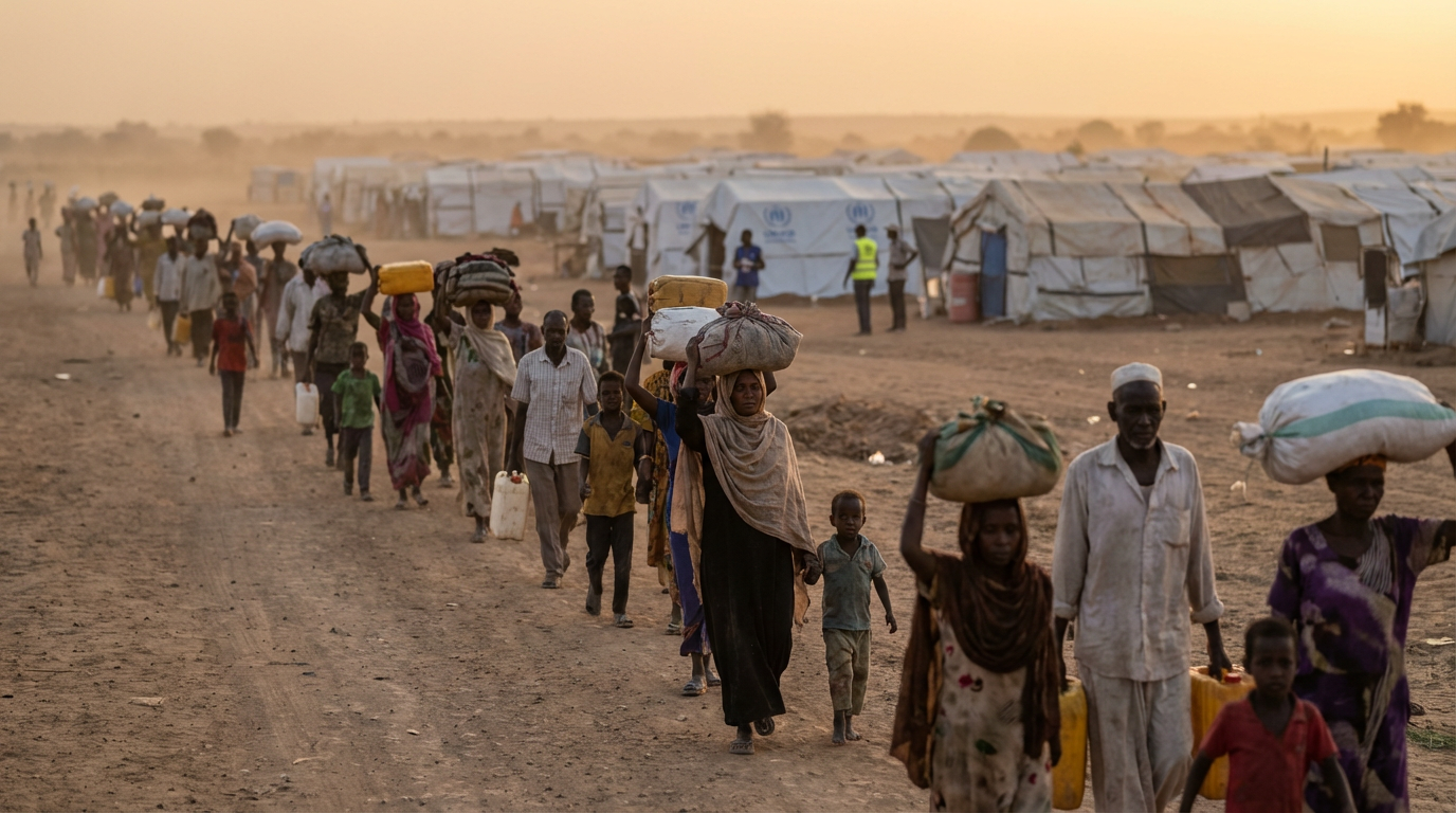 Displaced families affected by the Sudan humanitarian crisis walk toward a makeshift camp at sunset.