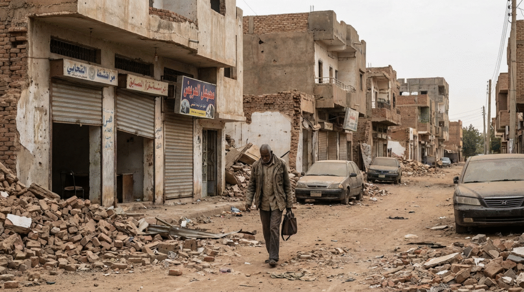 Urban devastation linked to the Sudan humanitarian crisis, with rubble and damaged buildings along a Khartoum/Omdurman street.