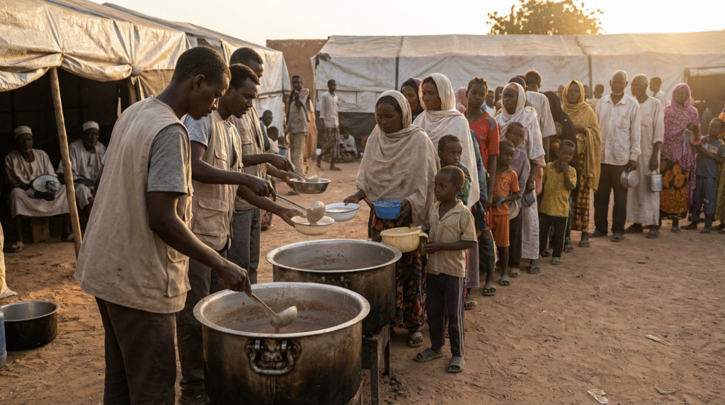 Emergency Response Rooms (ERRs) volunteers distribute food at a community kitchen during the Sudan humanitarian crisis.