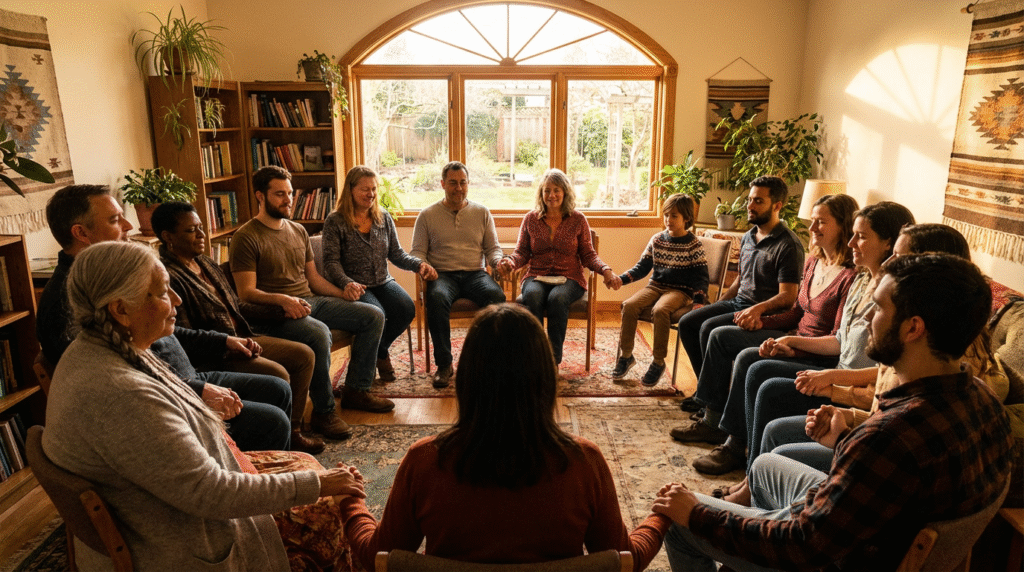 A diverse group in community prayer showing social support and collective resilience