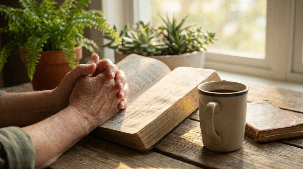 Hands holding an open Bible in biblical meditation with journal and tea for daily prayer