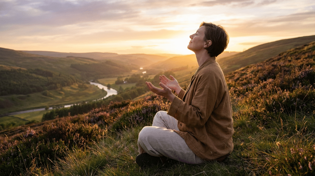 A person experiencing peace and spiritual resilience through prayer at sunrise