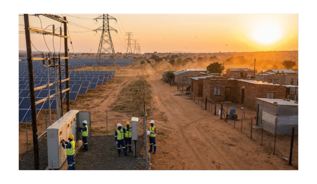 Economy of Africa powered by renewable energy: technicians working at a solar site near communities and grid lines.