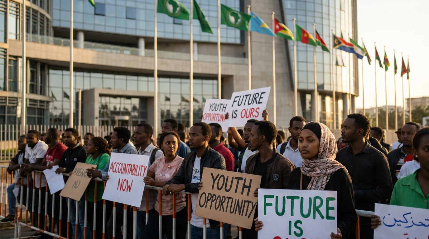 African Union summit scene with diverse African youth demanding accountability outside the AU headquarters in Addis Ababa.