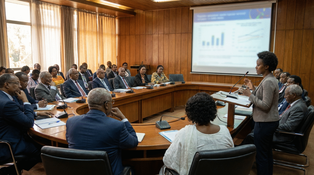 African Union summit meeting showing intergenerational leadership dialogue, with a young advisor presenting priorities to senior leaders.