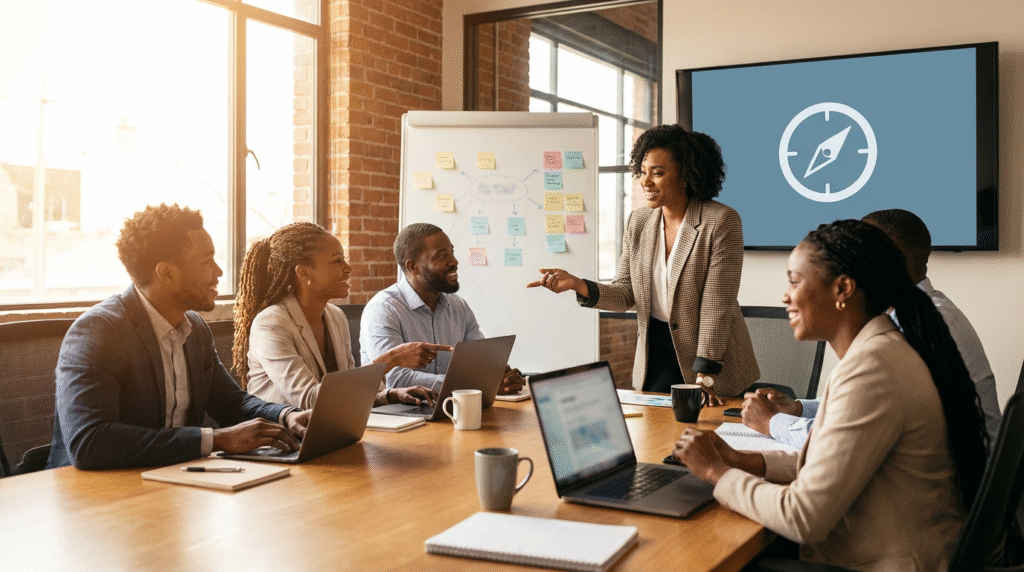 Purpose-driven leadership teamwork scene connected to the African Union summit debate, showing a diverse team aligning around a shared mission.