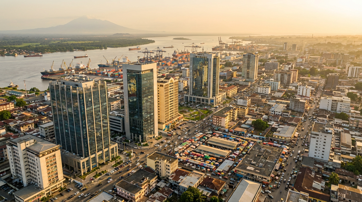 Aerial panoramic view of Douala city skyline at golden hour, representing the investment opportunities in Cameroon in 2026, with the port district visible in the background.